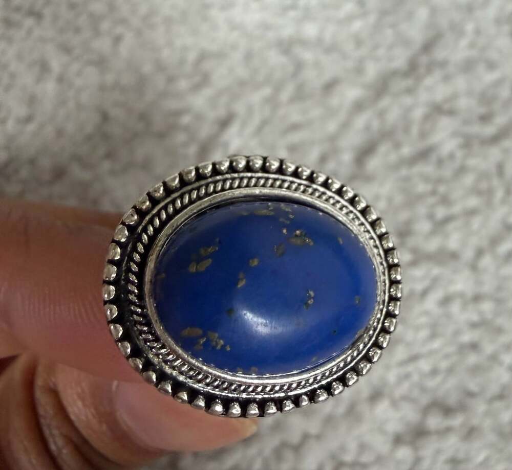 Lapis Lazuli Blue Stone Ornate Boho Statement Ring – Silver Tone